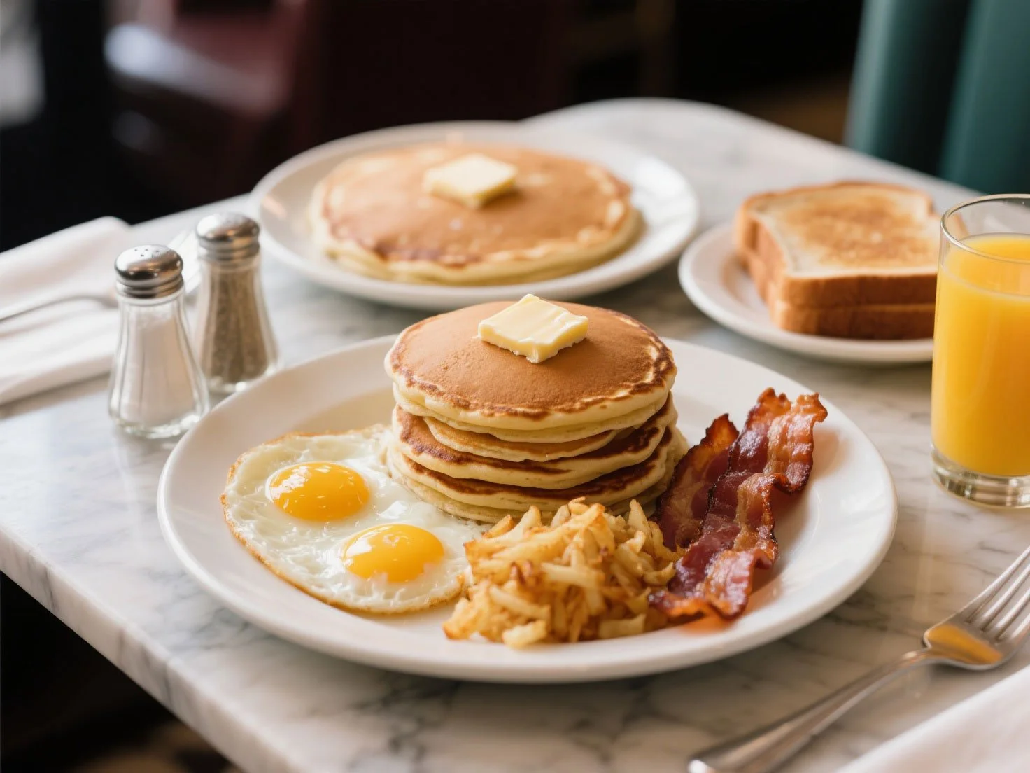 classic breakfast plate featuring a stack of pancakes, sunny-side-up eggs, bacon, and hash browns.