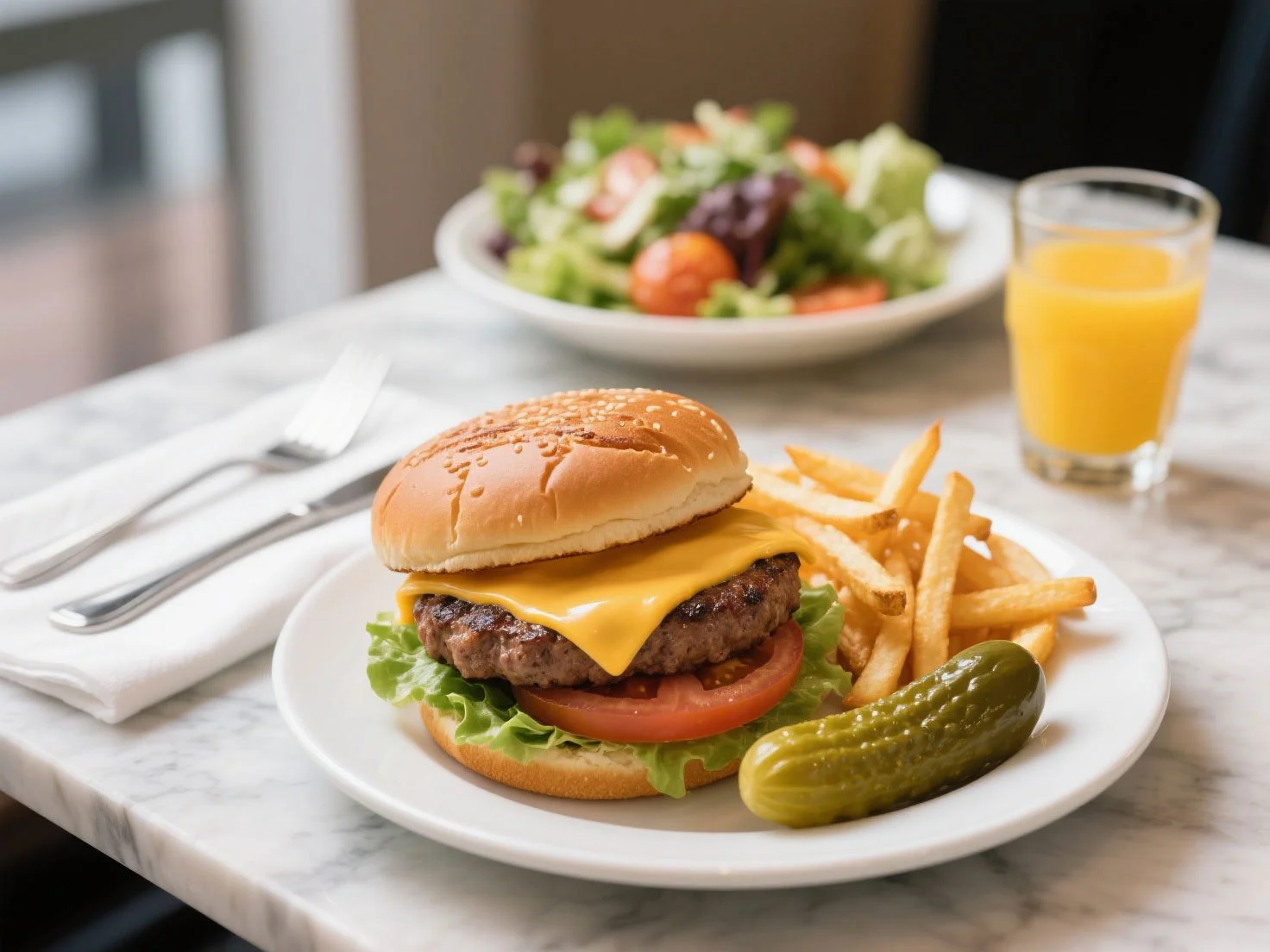 A cheeseburger with lettuce, tomato, and melted cheese on a sesame seed bun is presented on a white plate with a side of French fries and a whole dill pickle.