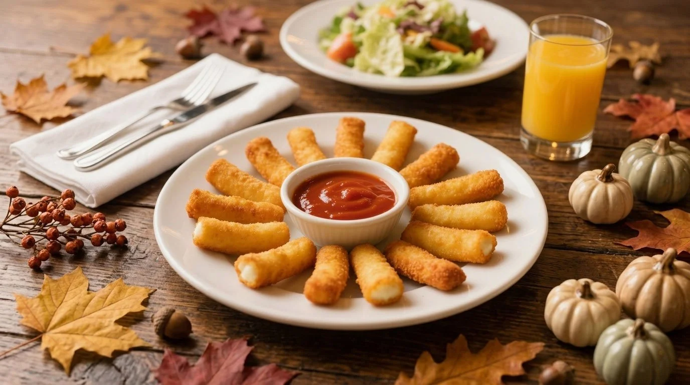 Fried mozzarella sticks arranged in a circle on a white plate with marinara sauce in the center, surrounded by autumn leaves, miniature pumpkins, a glass of orange juice, a salad, and utensils on a wooden table.