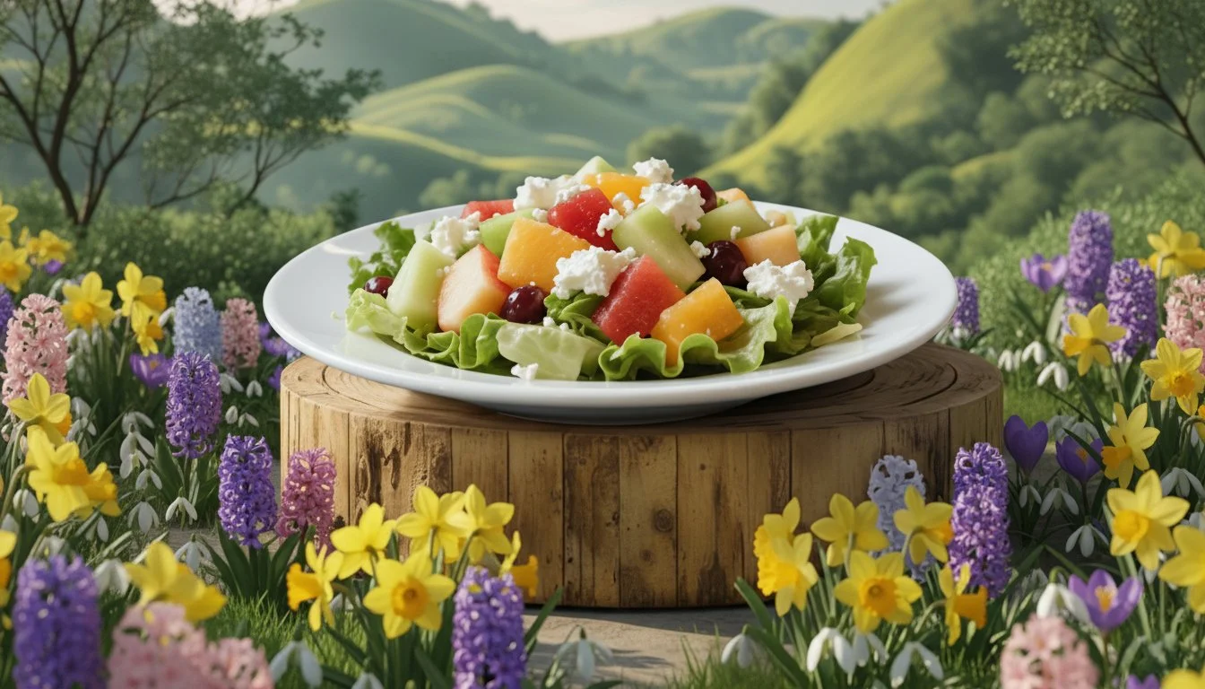 Fresh California Salad with fruit and feta on a wooden pedestal, set against scenic hills and spring flowers.