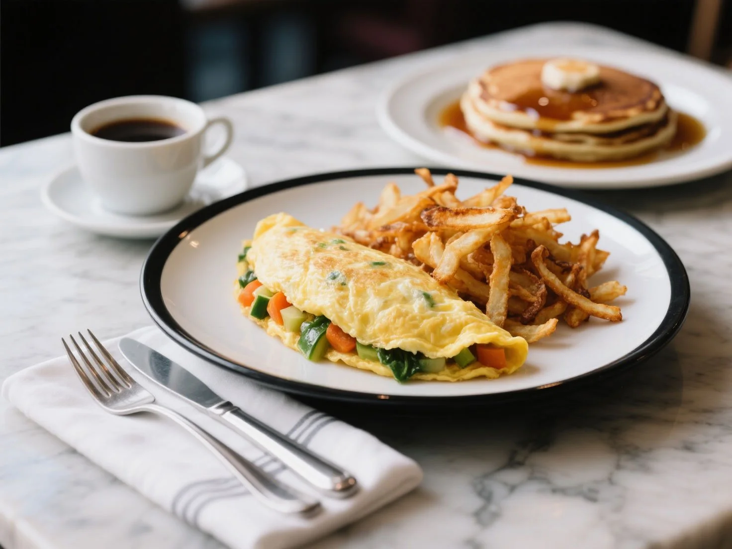 A fluffy omelette filled with chopped green vegetables and carrots is served with a side of golden french fries.
