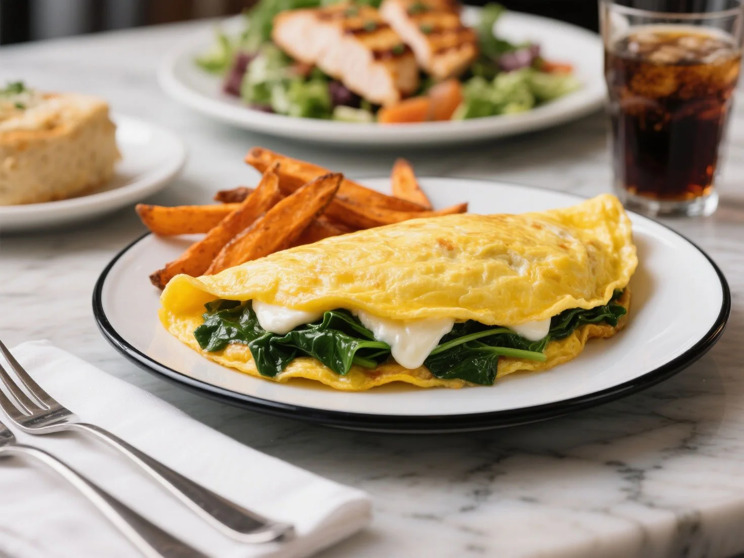A spinach and cheese omelet served with sweet potato fries.