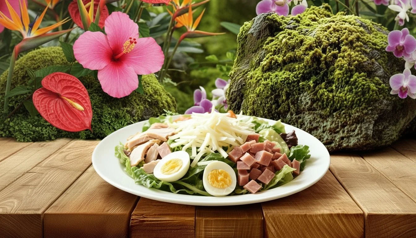 A classic chefs salad with hard-boiled eggs, ham, and shredded cheese, displayed on a wooden table with tropical flora.