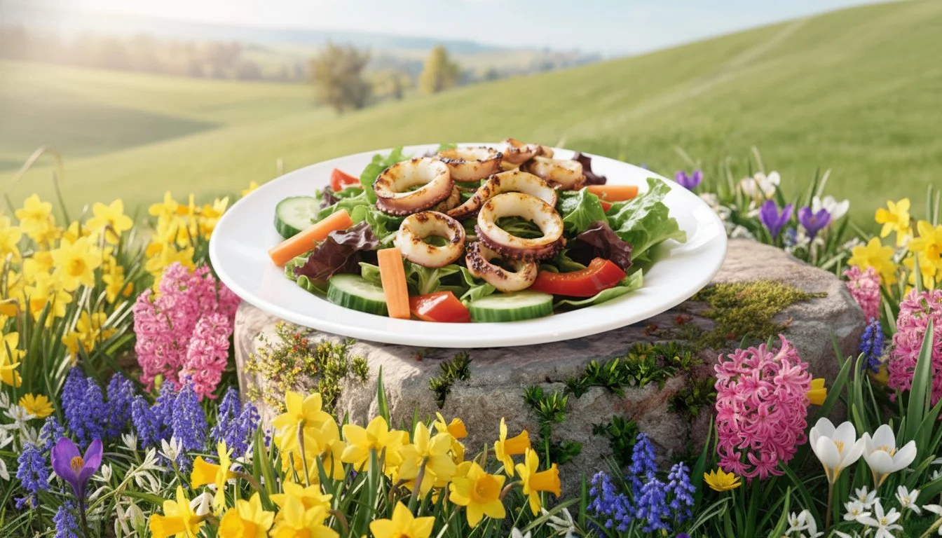 Vibrant GRILLED CALAMARI Salad on a white plate, set outdoors on a rock among colorful spring flowers and rolling hills.
