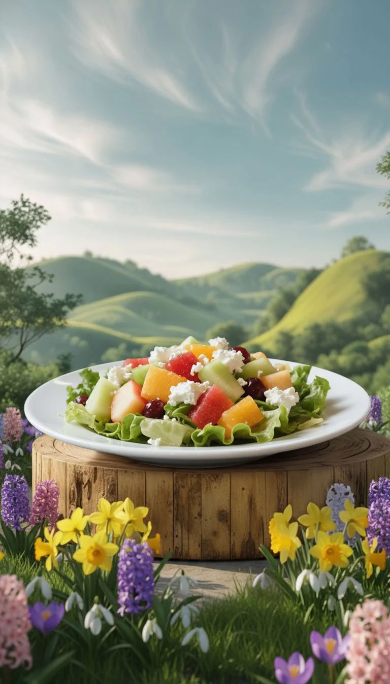 Fresh California Salad with fruit and feta on a wooden pedestal, set against scenic hills and spring flowers.