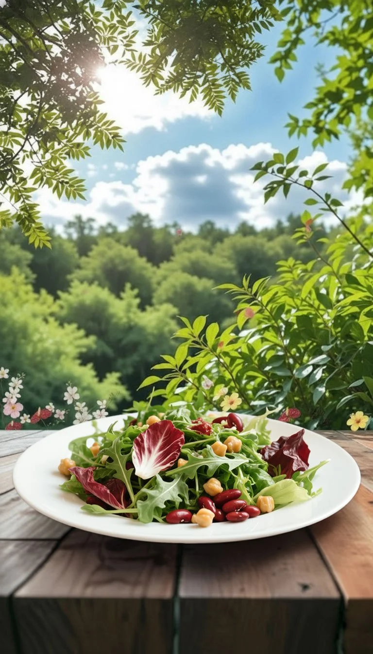 Fresh organic mesclun salad with kidney beans and chickpeas served on a white plate atop a wooden garden table.