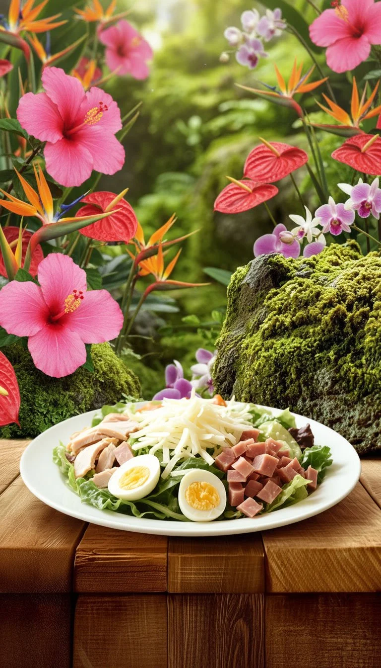 A classic chefs salad with hard-boiled eggs, ham, and shredded cheese, displayed on a wooden table with tropical flora.