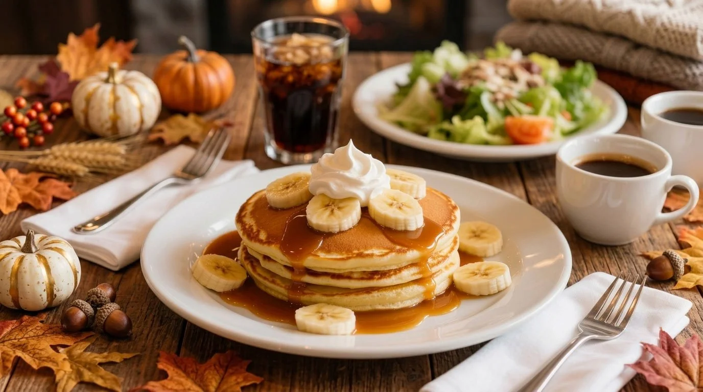 Stack of four pancakes topped with banana slices, whipped cream, and syrup, on a white plate on a wooden table with autumn decorations, coffee cups, salad, and a glass of soda in the background.