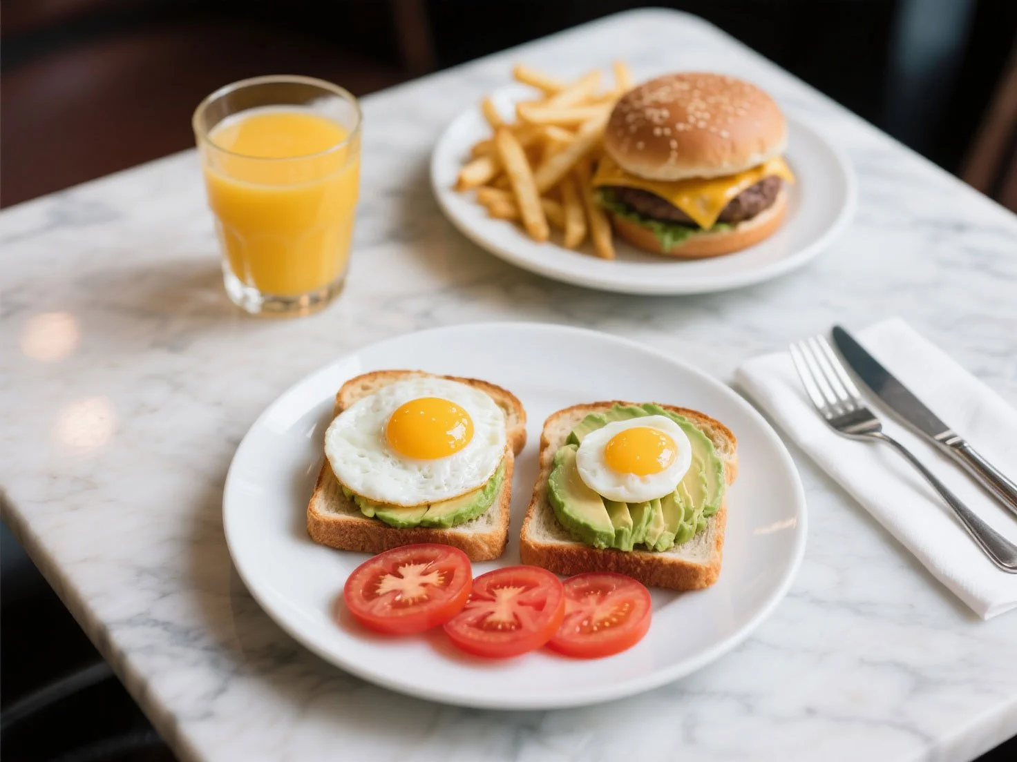 Two slices of avocado toast topped with fried eggs, served with tomato slices, orange juice, and a cheeseburger with fries.