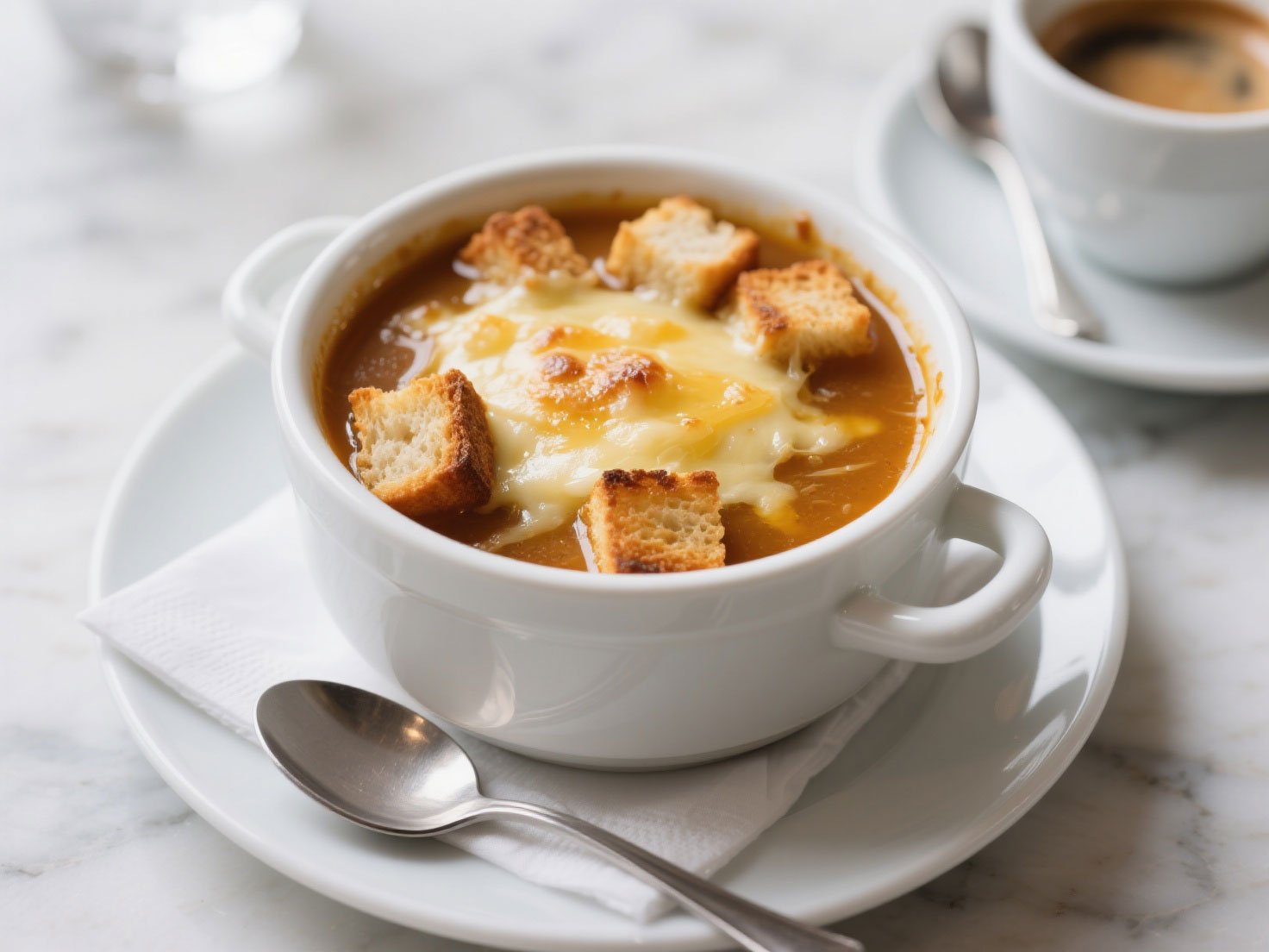 Silver Star's Soup of the Day: a bowl of rich broth topped with golden melted cheese and crunchy toasted croutons.