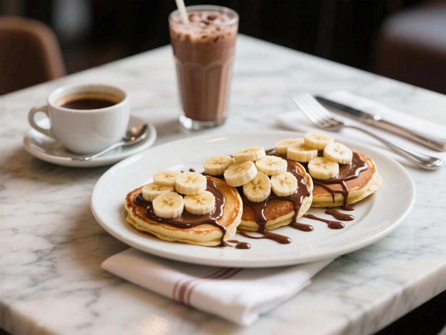 Three pancakes topped with banana slices and chocolate sauce, served with coffee and a chocolate milkshake.