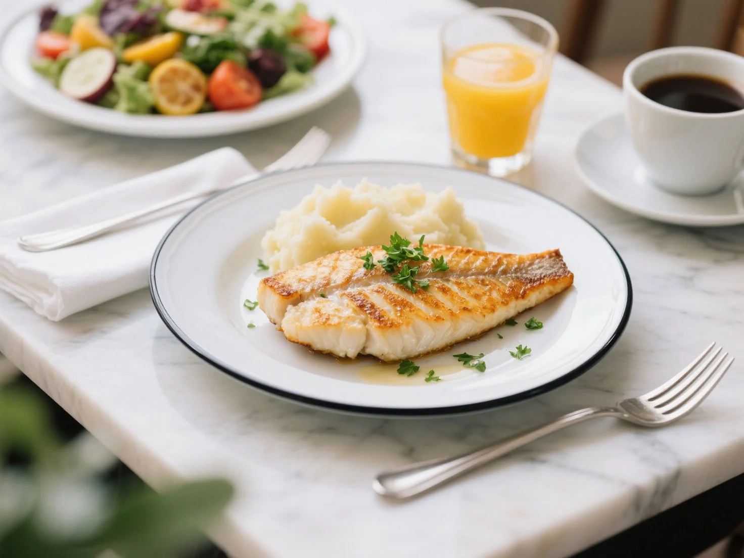 Plate with grilled fish fillet and mashed potatoes garnished with parsley, with a glass of orange juice, cup of coffee, and a salad in the background.