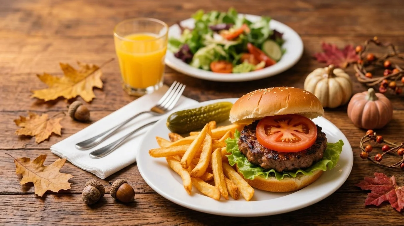 A plate with a hamburger, French fries, and a pickle, accompanied by a glass of orange juice and a side salad, on a wooden table decorated with fall leaves and small pumpkins.