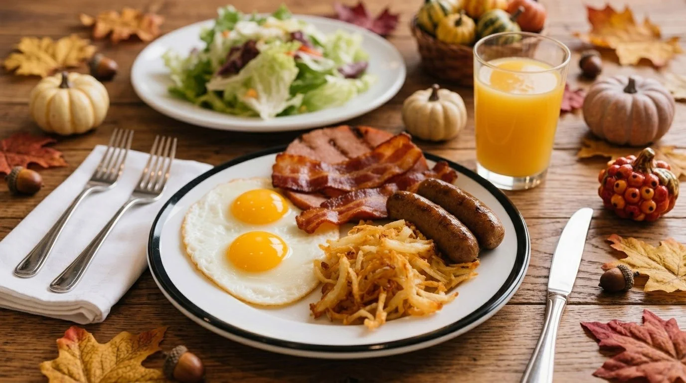 A breakfast plate with two sunny side up eggs, bacon, sausage links, and hash browns, set on a wooden table with an autumn-themed decor, including mini pumpkins, colorful leaves, and a salad in the background.