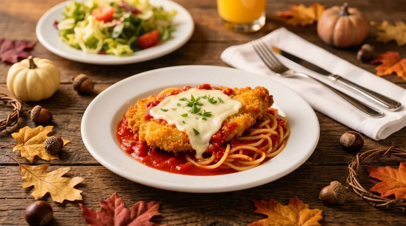A plate of chicken parmesan served over spaghetti with tomato sauce and melted cheese, garnished with herbs, on a wooden table with fall-themed decorations and a salad in the background.