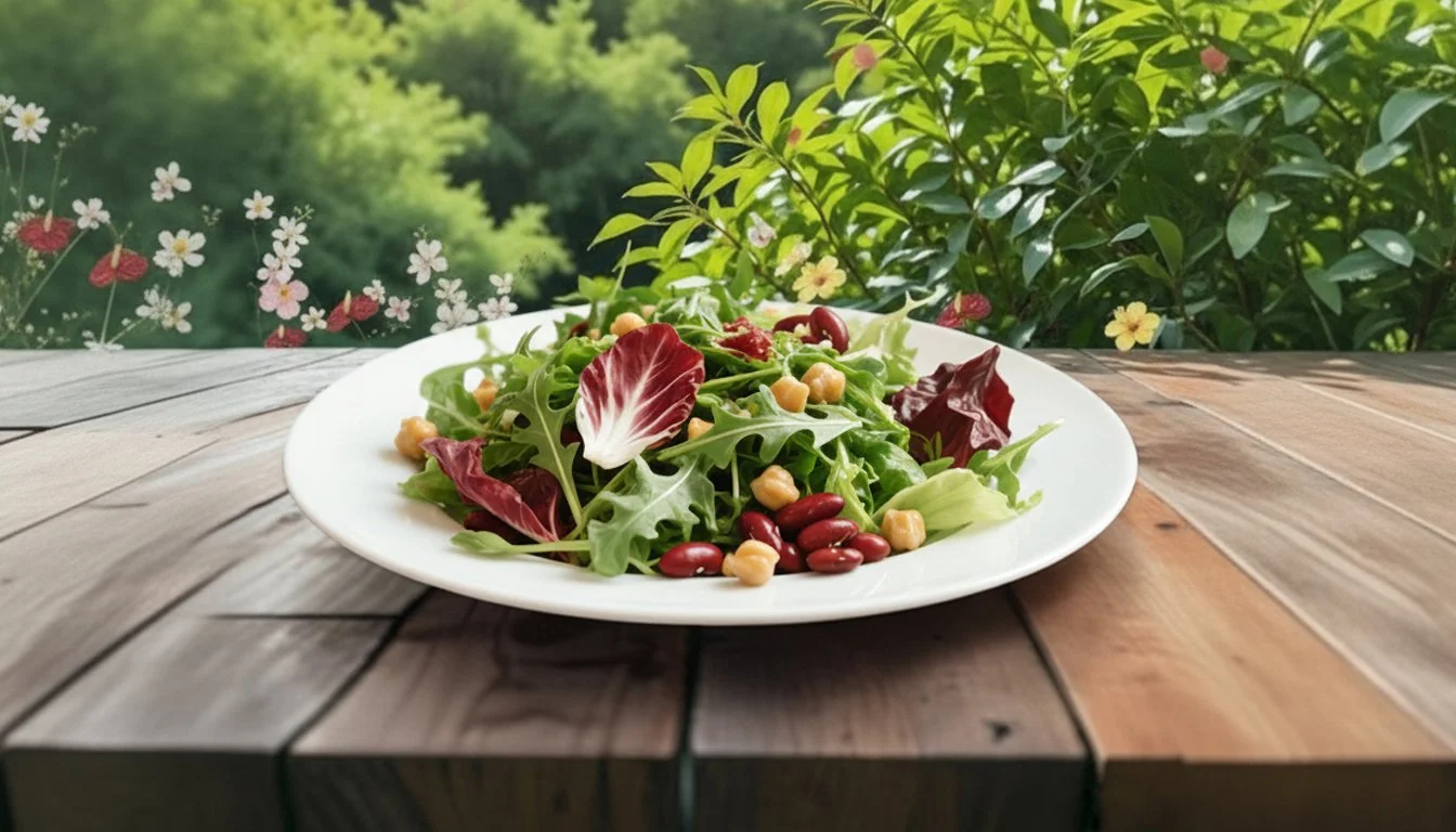 Fresh organic mesclun salad with kidney beans and chickpeas served on a white plate atop a wooden garden table.