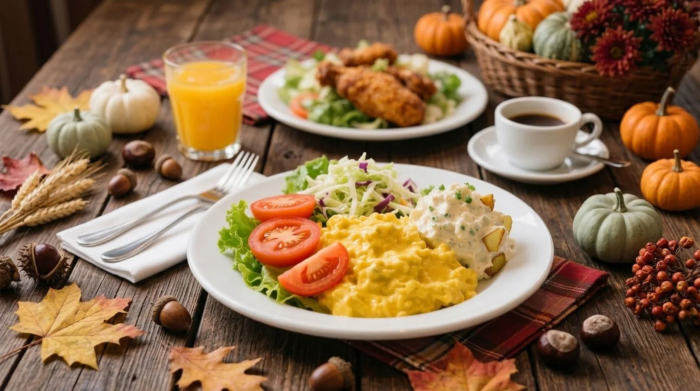 A plate of scrambled eggs, salad with tomato slices, and potato salad on a wooden table decorated with autumn leaves, small pumpkins, and hazelnuts. In the background, a glass of orange juice, a cup of coffee, and a serving of fried chicken are visible, along with a basket of decorative pumpkins and flowers.