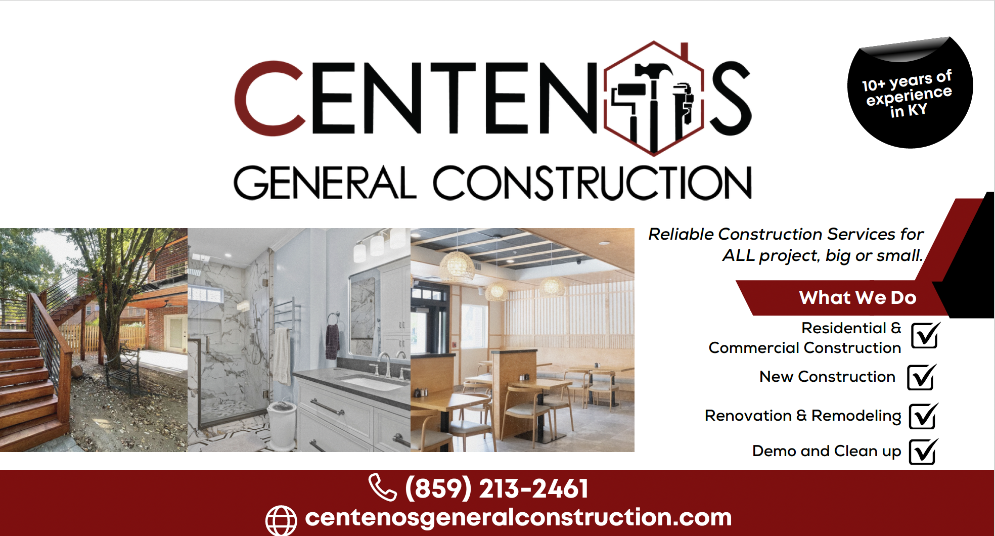 Brochure for Centens General Construction showcasing residential and commercial construction services, with images of outdoor stairs, bathroom, and interior spaces, and contact information.