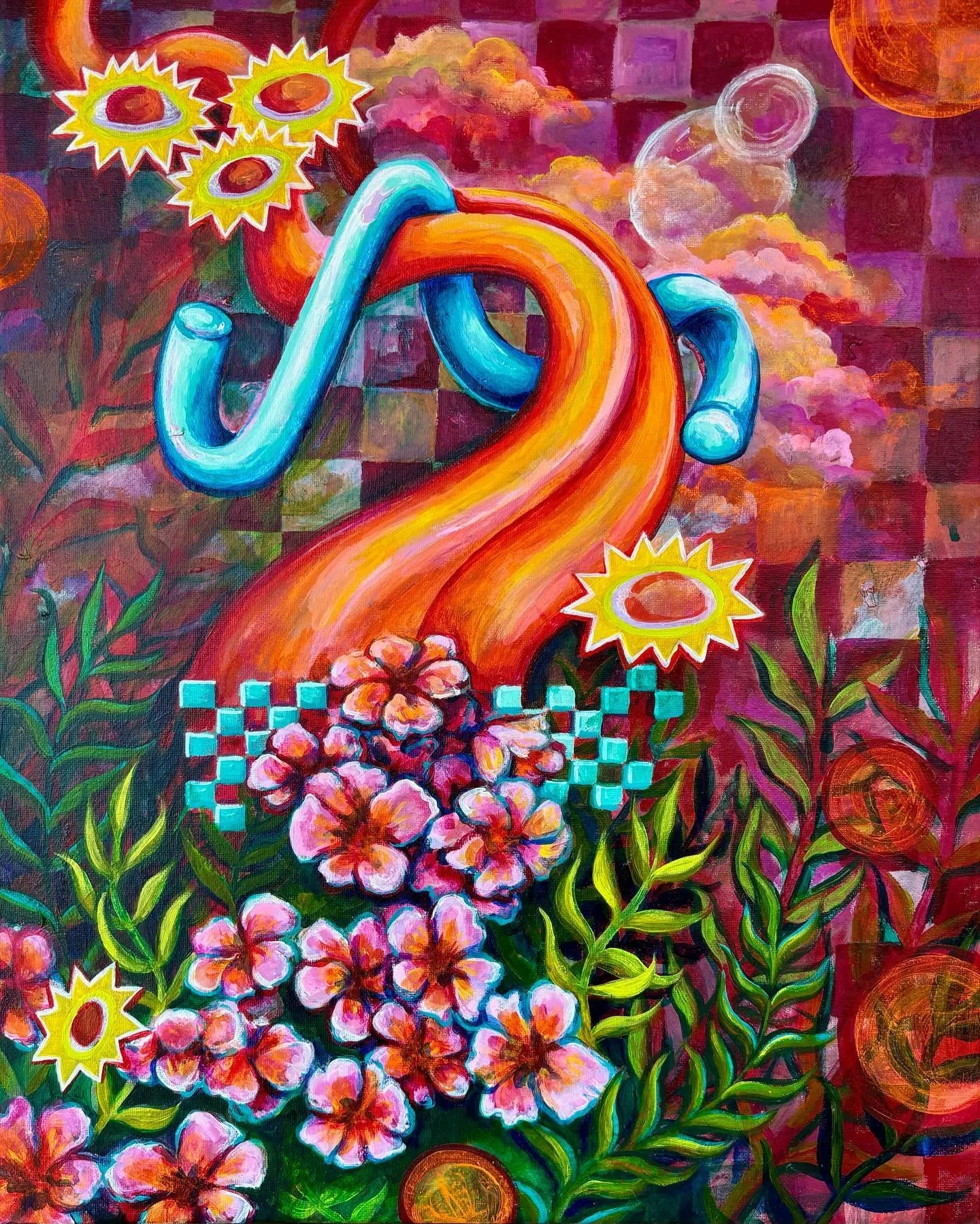 Bend/break |  new 16x20&rdquo; painting |  colorful chaos brings new growth and new sight, out of darkness comes lightness into life ✨❇️🌿💠〰️ (third photo not to scale&hellip; did I stick my painting onto a random stock wall? Sure did. But hey, see 