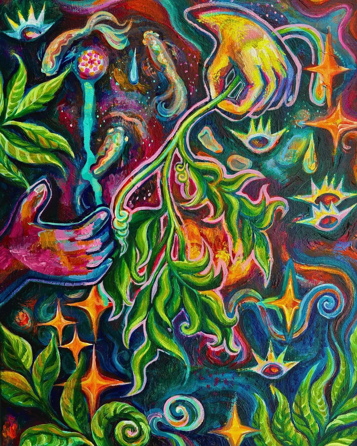 Happy rainy Sunday here in Tongva/Gabrielino land (LA)! Here&rsquo;s a piece I made a few months ago ✨🌿🐟❇️🌱🤲🏼 💛 | acrylic, pastel, &amp; a lil foil on stretched canvas |  how does this piece make you feel?

 (a bit of a vent: IG STOP AUTO EDITI