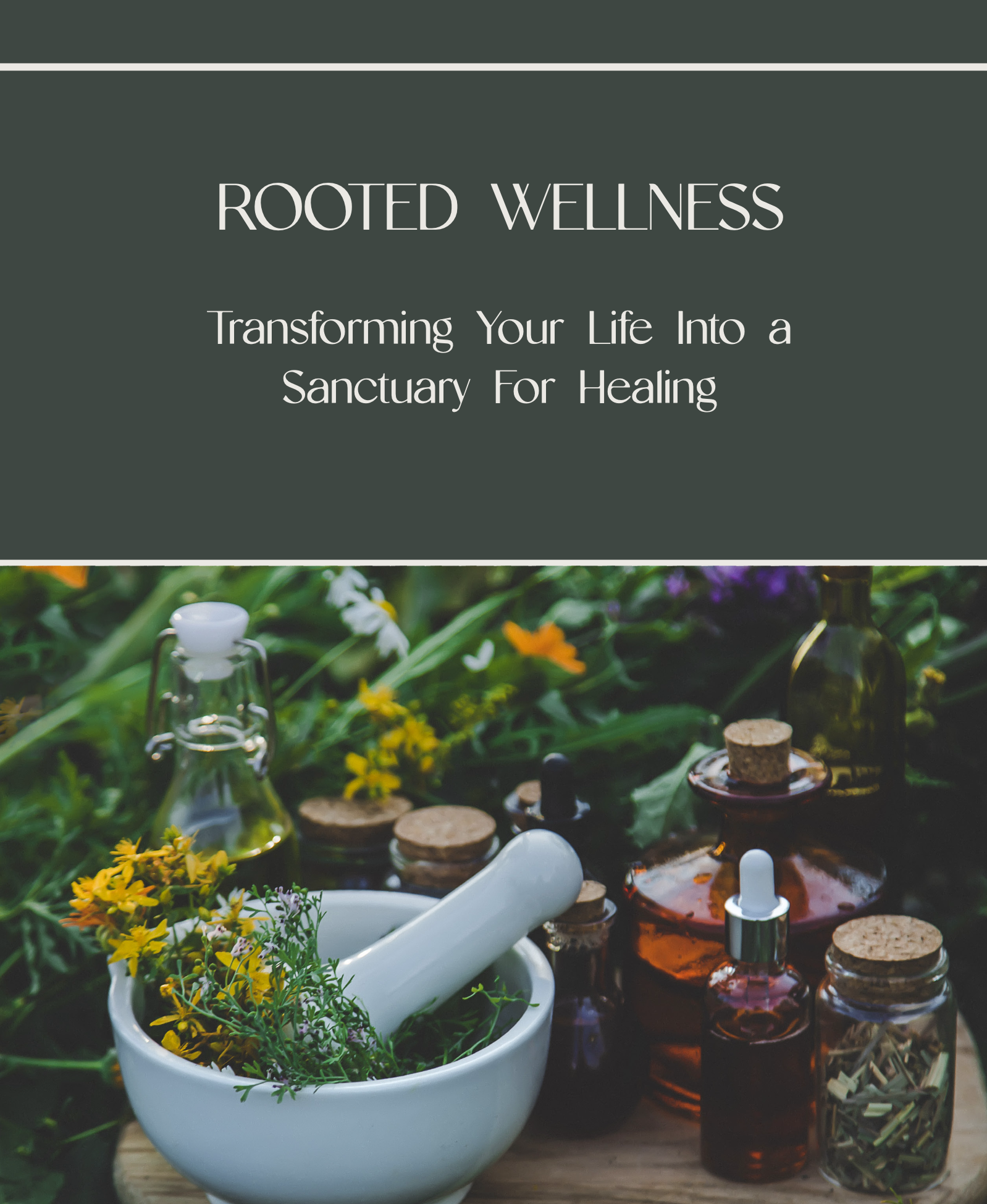 Arrangement of herbal medicine bottles, a mortar and pestle with herbs, and flower decorations on a wooden surface, representing wellness and healing.