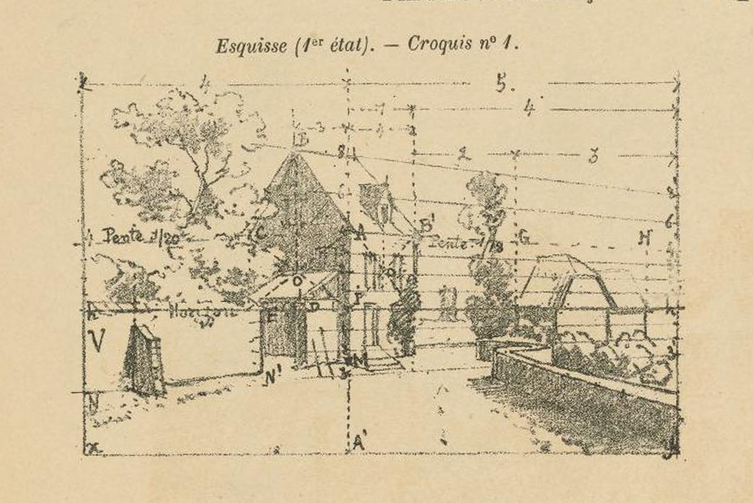 pencil drawing of step 1 for architectural drawing of a house in perspective.