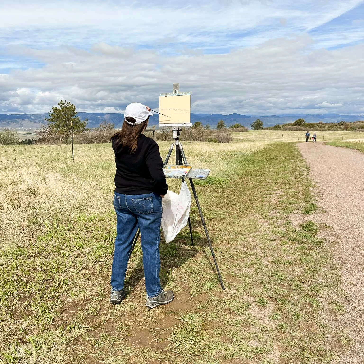 A student participating in a plein air painting lesson outdoors with Colorado mountains in the background.