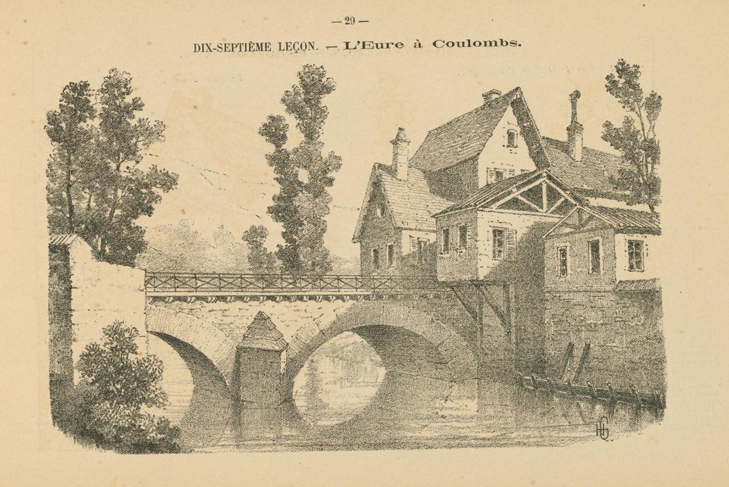 pencil drawing of a european house on a river next to a bridge with two archways.
