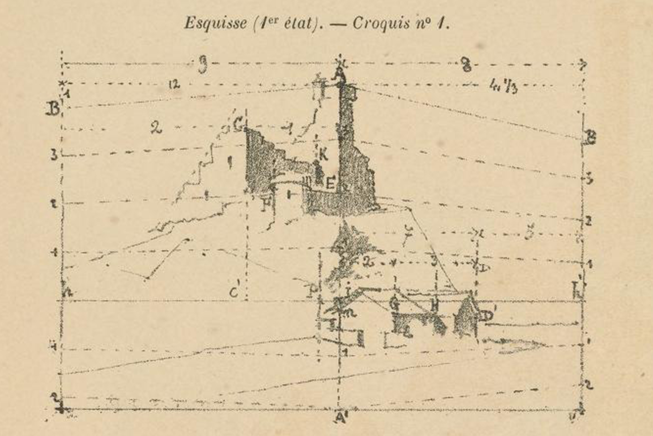 pencil drawing of step 1 for architectural drawing of a house in perspective.
