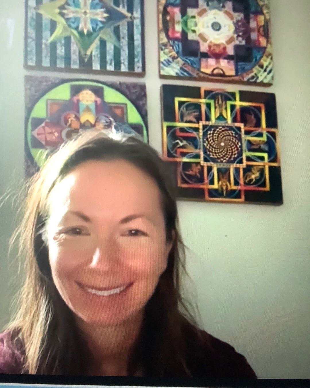 I’ve been coaching private yoga and meditation sessions online via FaceTime or Skype long before Zoom took over. 🤓 Behind me are mandalas that were once owned by Harvey Diamond the author of Fit for Life, the book that changed my life over 30