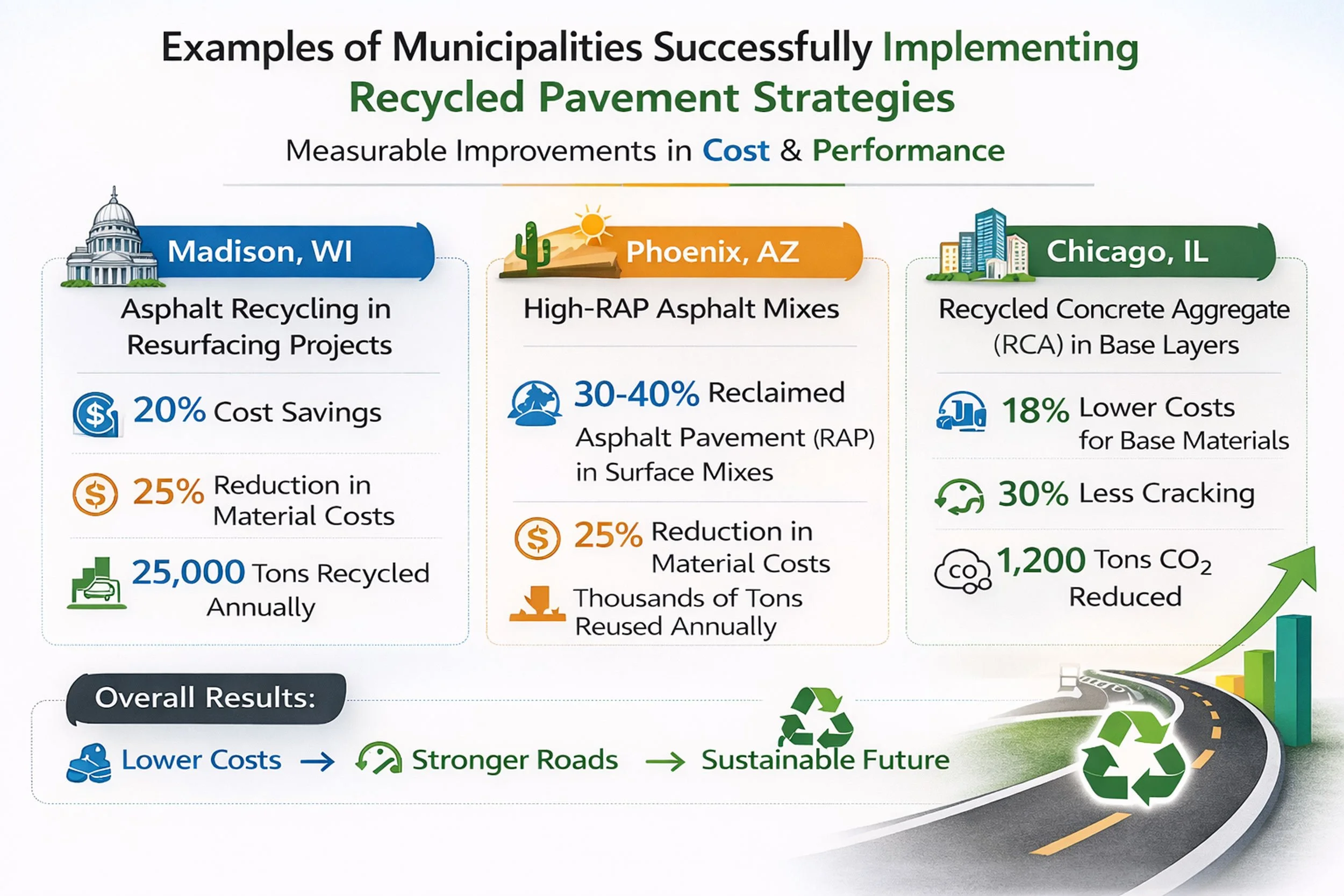 Madison, WI, Phoenix, AZ and Chicago, IL Recycled Pavement Strategies Chart