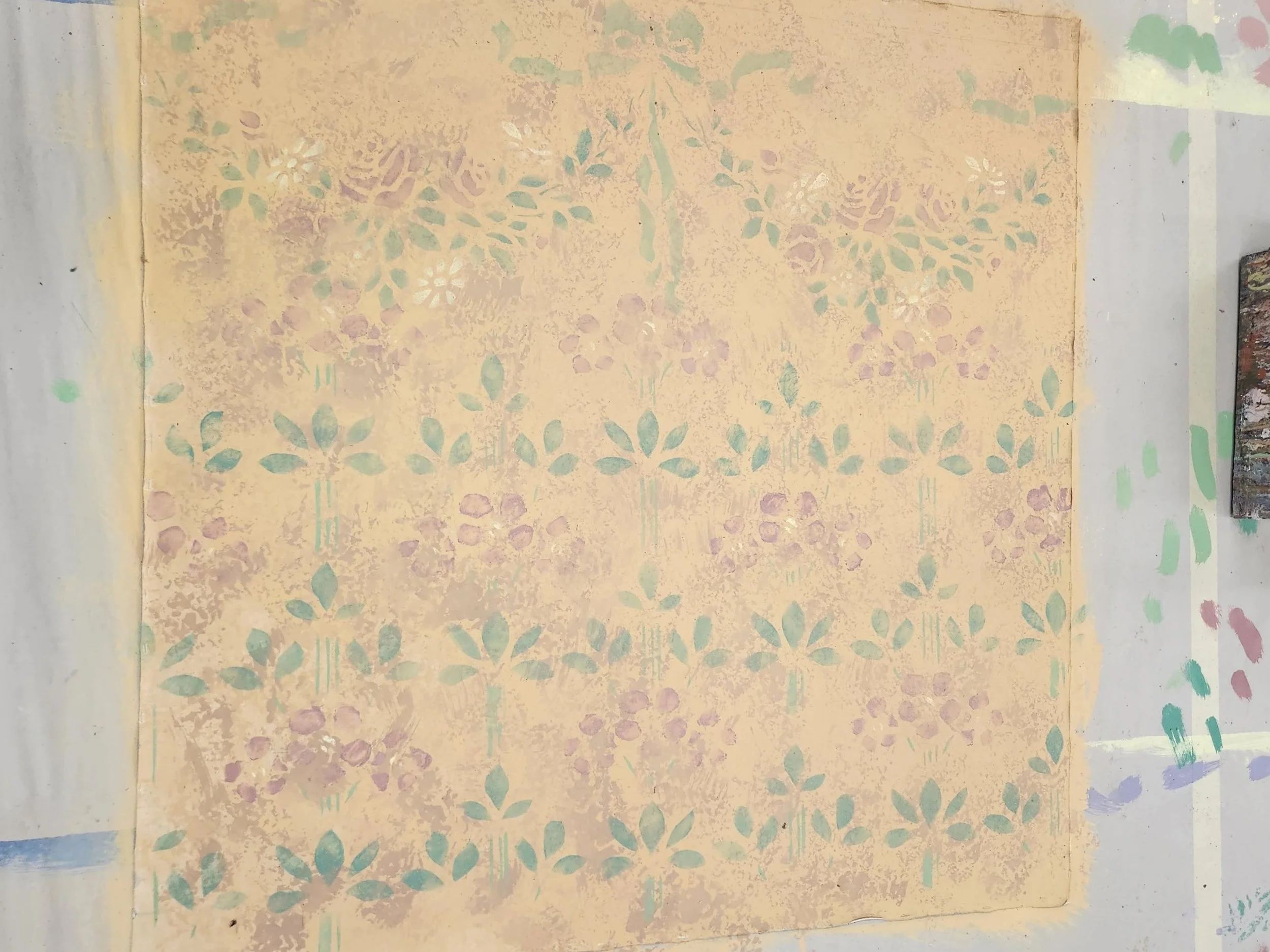 Class Work Repeated and Overlayed Stencils On Painted 4'x4' Muslin 