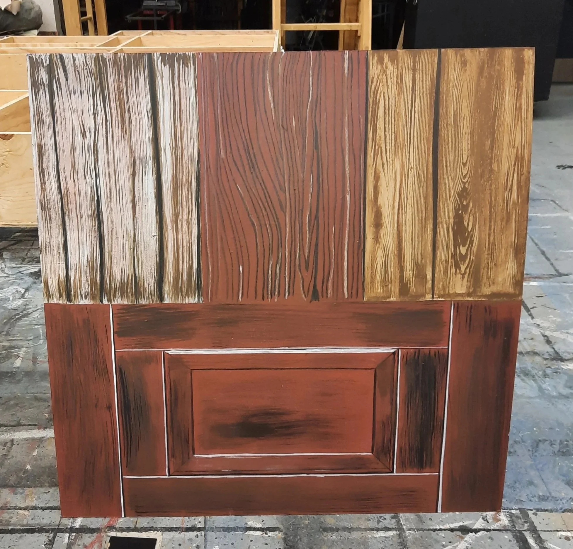 Class Work Of Different Techniques Of Wood Painted On 4'x4' Sheet Of Luan