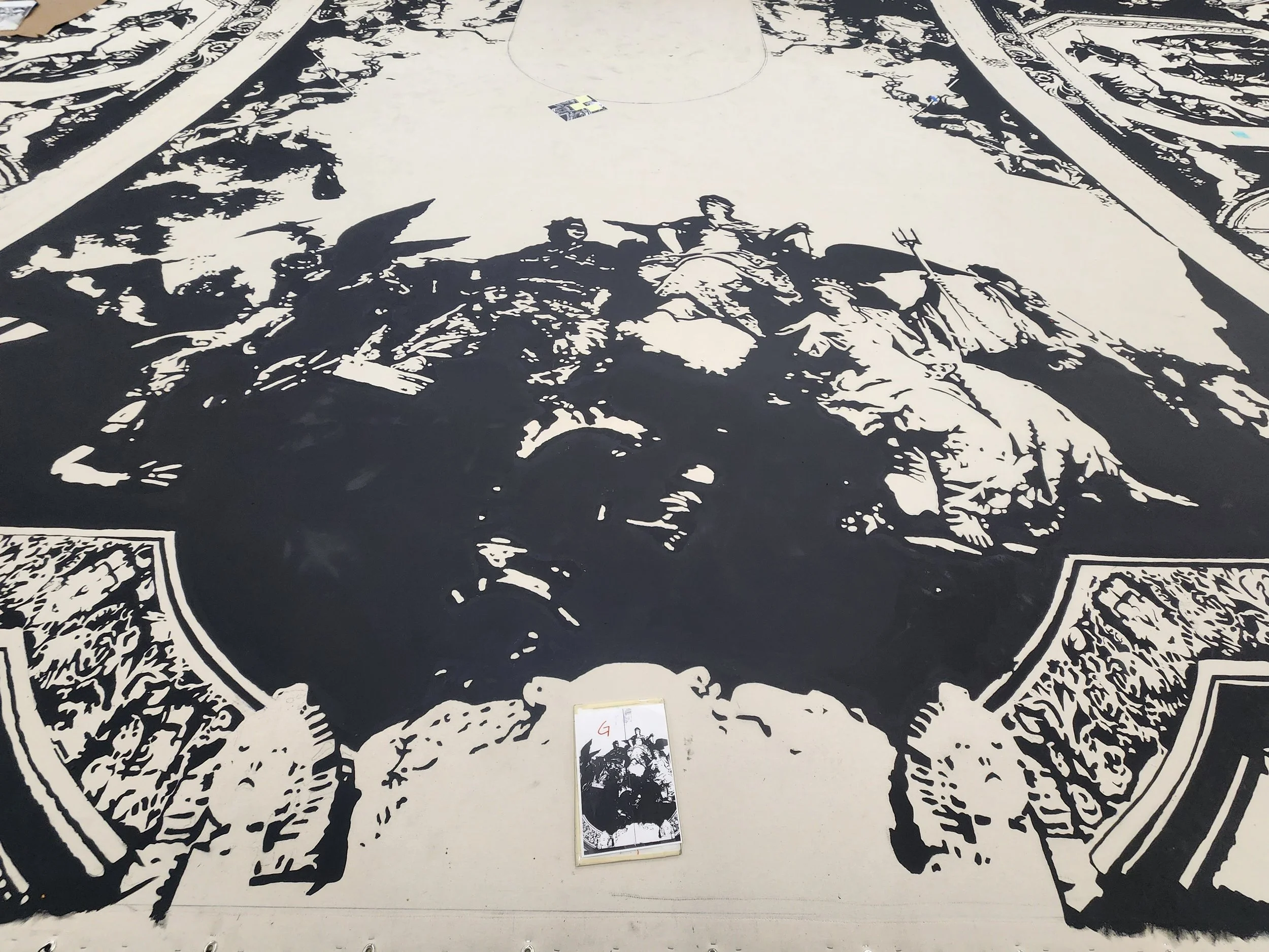 Marie Antoinette Vampire Queen Of Versailles- Translucent Drop With Sized Muslin and Black Opaquing Paint To Create The Palace Of Versailles Ceiling 