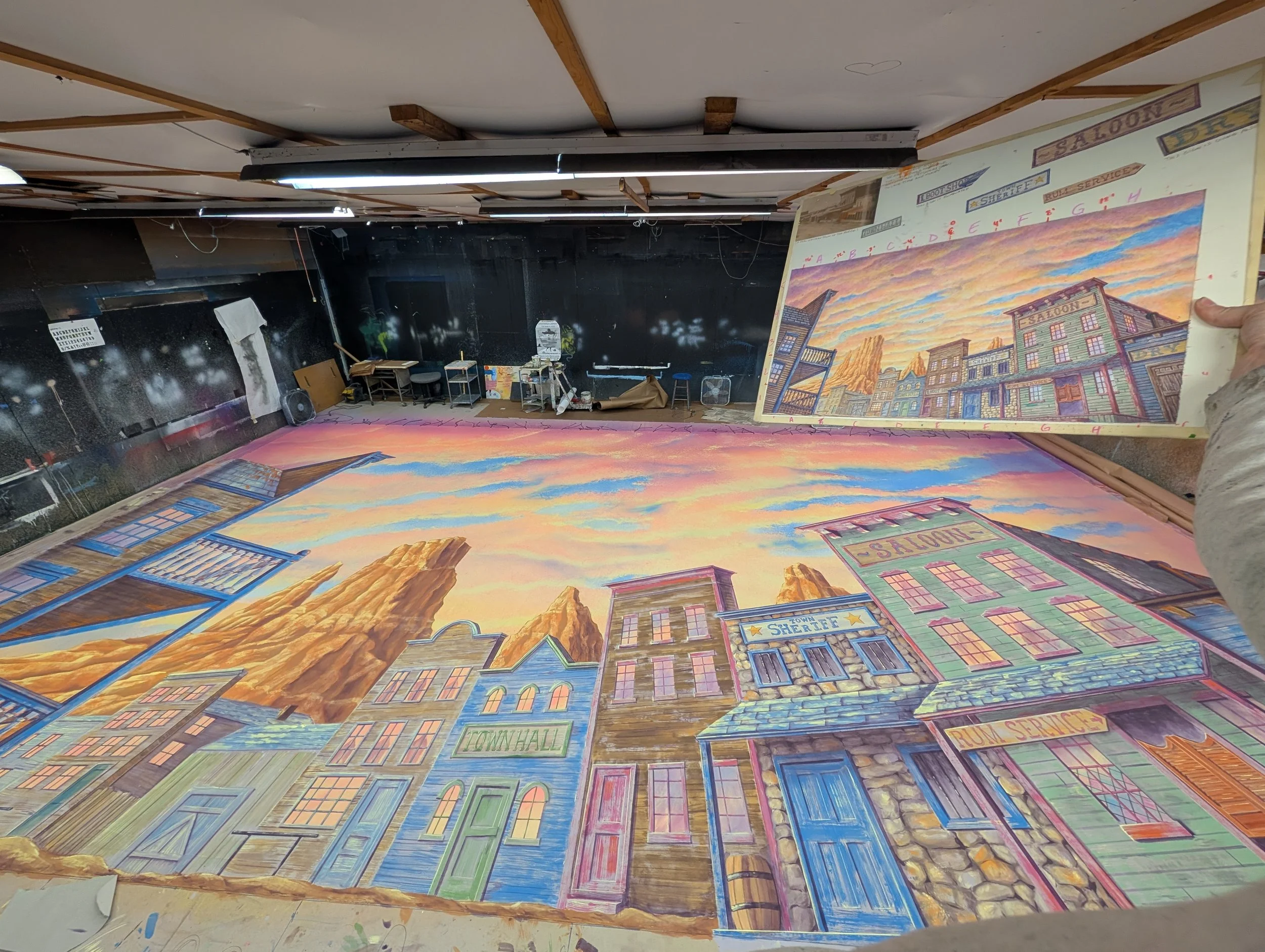 Hasting Pudding 177-Salooney Tunes Chipped Paint on Wood 18'x 36' Painted Muslin 