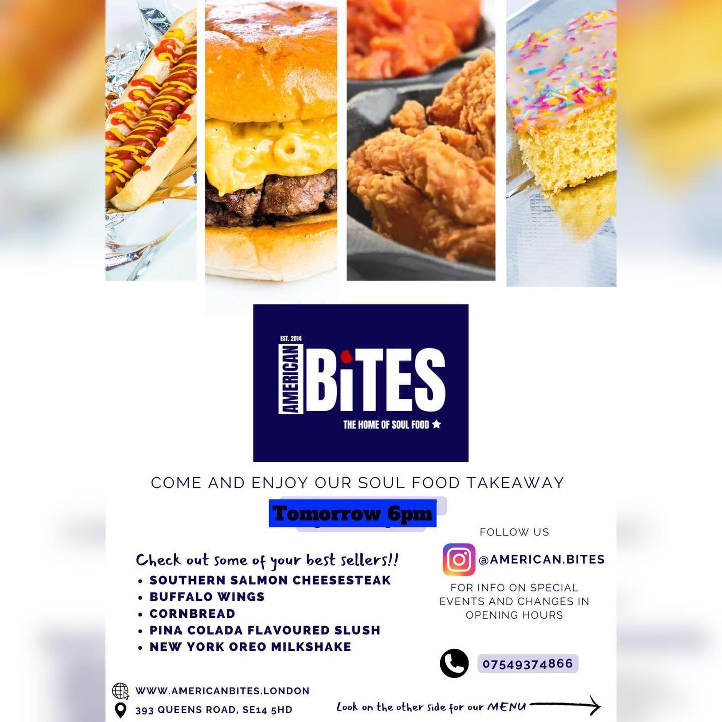 Check out our menu and come catch some good vibes and food tomorrow ! May23rd!! Fresh cornbread free with every meal 😆😋🤤🤤🤤