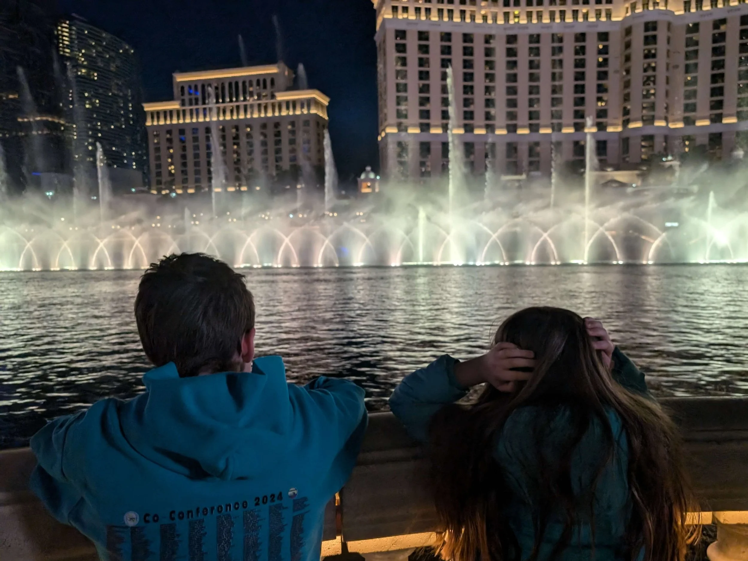 Bellagio fountains spraying water in front of the Bellagio Hotel on the Las Vegas Strip