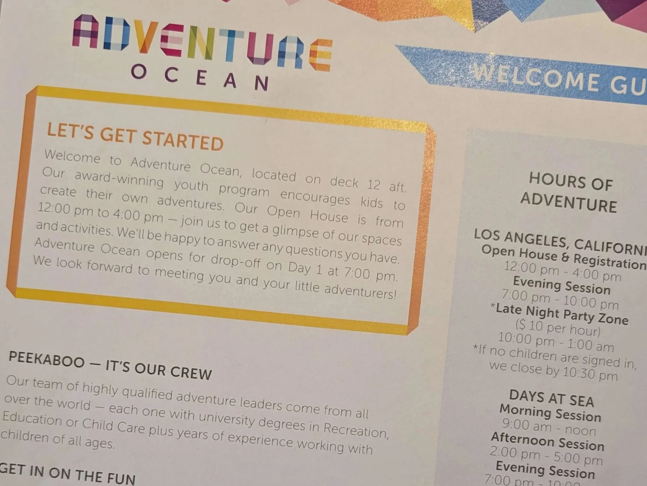 Adventure Ocean Welcome Sheet