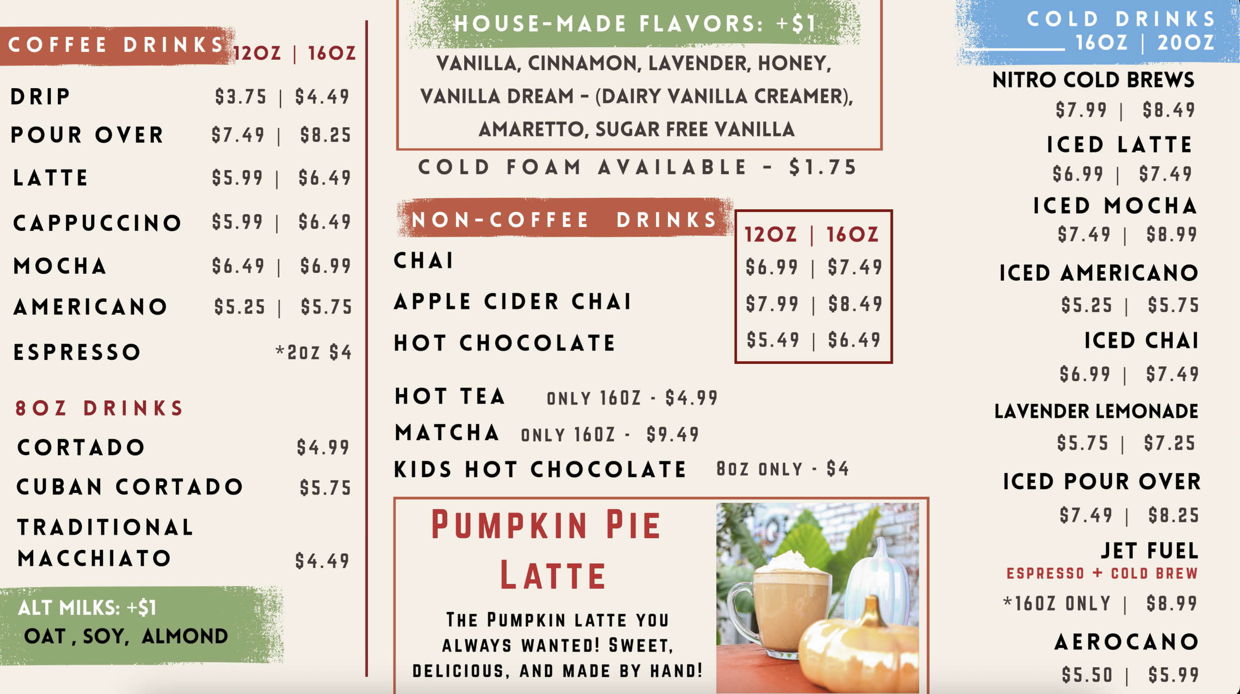 Coastal Coffee Roasters cafe drink menu with October pumpkin latte special only in Summerville SC.