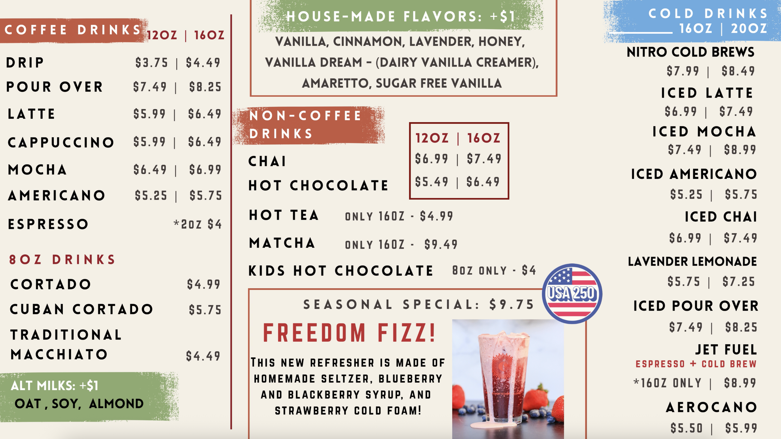 Coastal Coffee Roasters Summerville cafe menu with coffee drinks, chai, matcha, and more near you