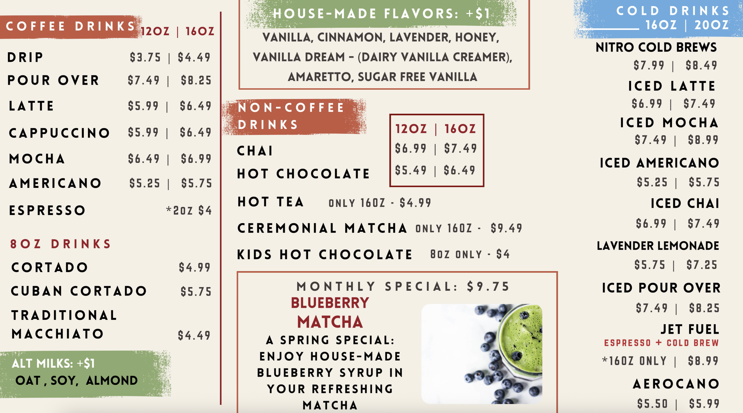 Coastal Coffee Roasters drink menu with lattes cappuccinos mochas matcha and seasonal special in summerville sc a coffee shop near you