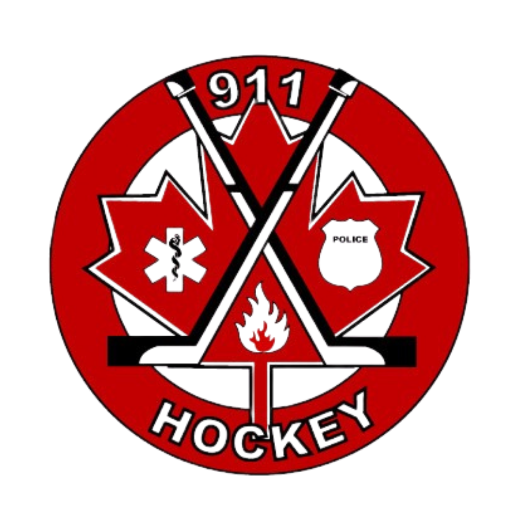 A red circular emblem for hockey featuring a maple leaf with medical symbols, a hockey mask, and a flame, with the text '911' at the top and 'HOCKEY' at the bottom.