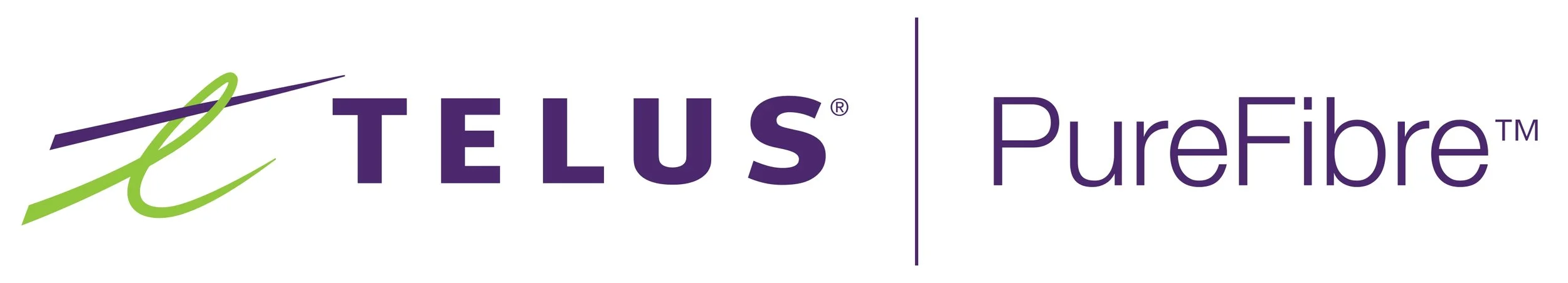 Logo of TELUS PureFibre with purple and green branding.