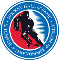 Hockey Hall of Fame logo featuring a black silhouette of a hockey player with a stick.