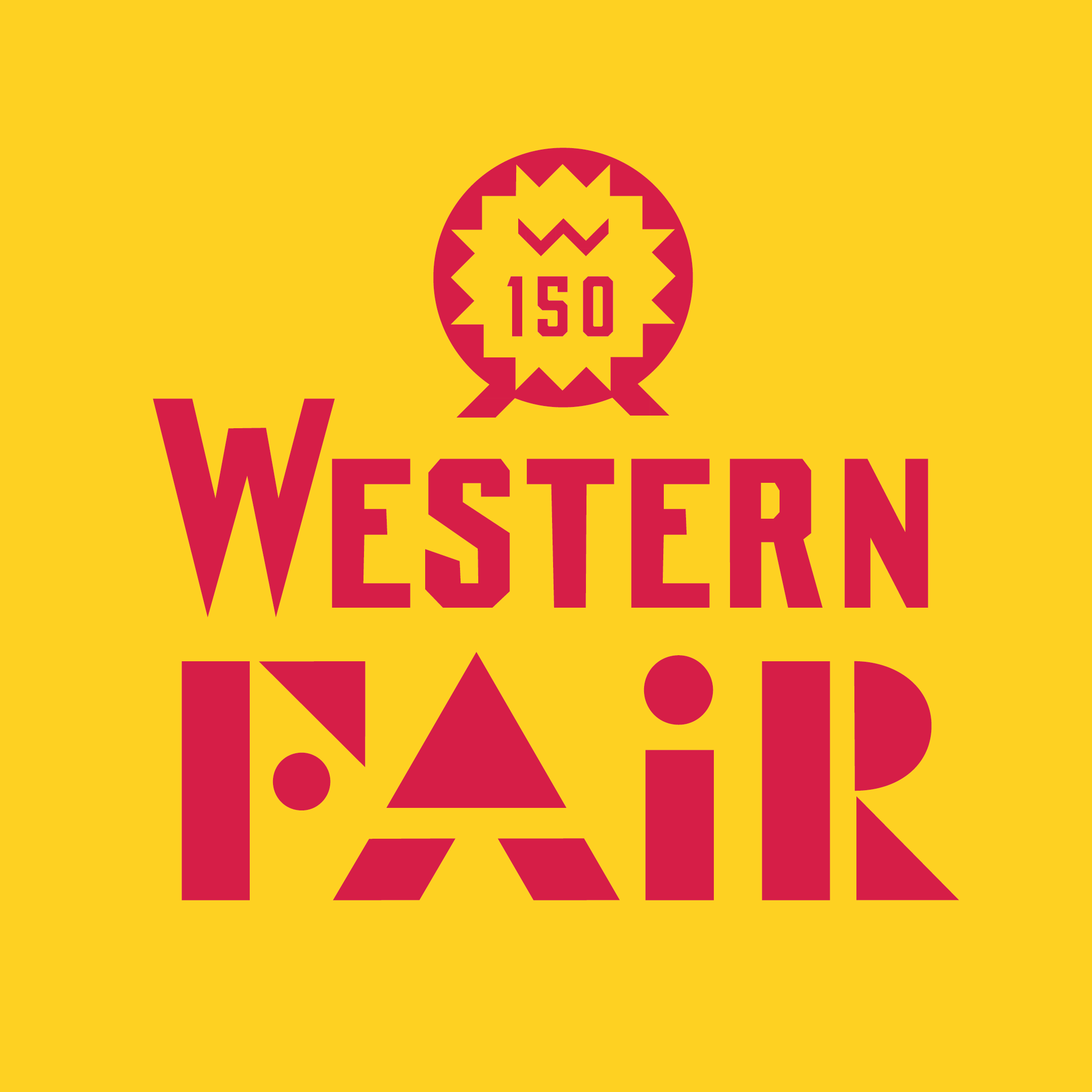 Red and yellow graphic with a circular emblem containing a stylized angry face and the text '150' in the center, on a yellow background with red text and symbols.