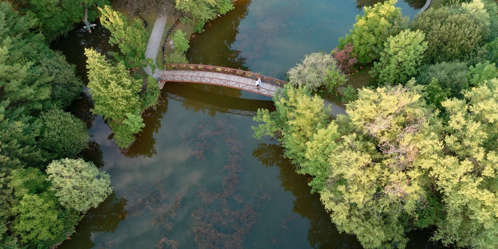 Drone shot of bridge at Kurtz Orchards