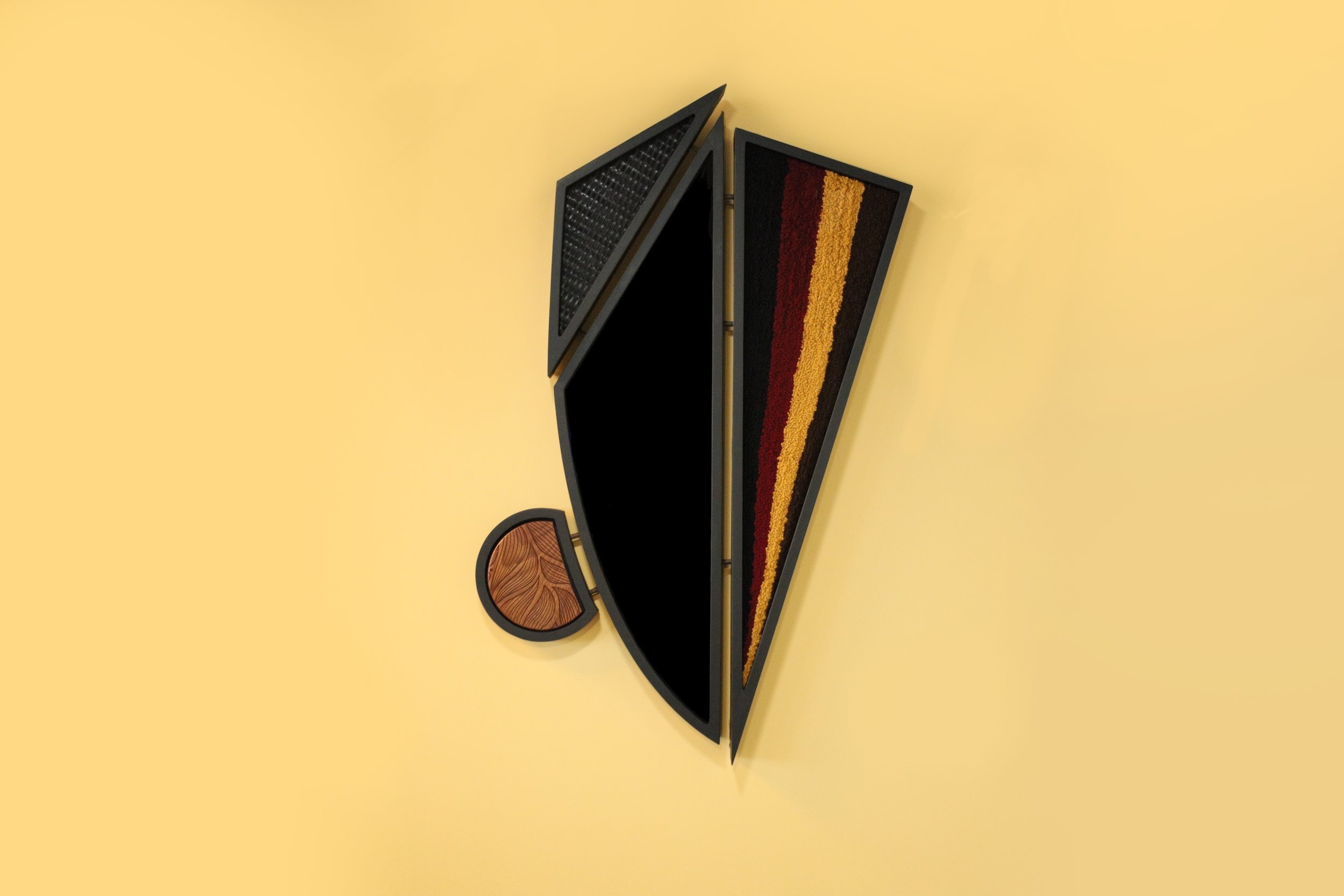“Black Mirror 1”
JQOL Lobby,
48” x 32” x 3”
Wood, paint, tufted yarn, basket reed, & acrylic glass
(2023)