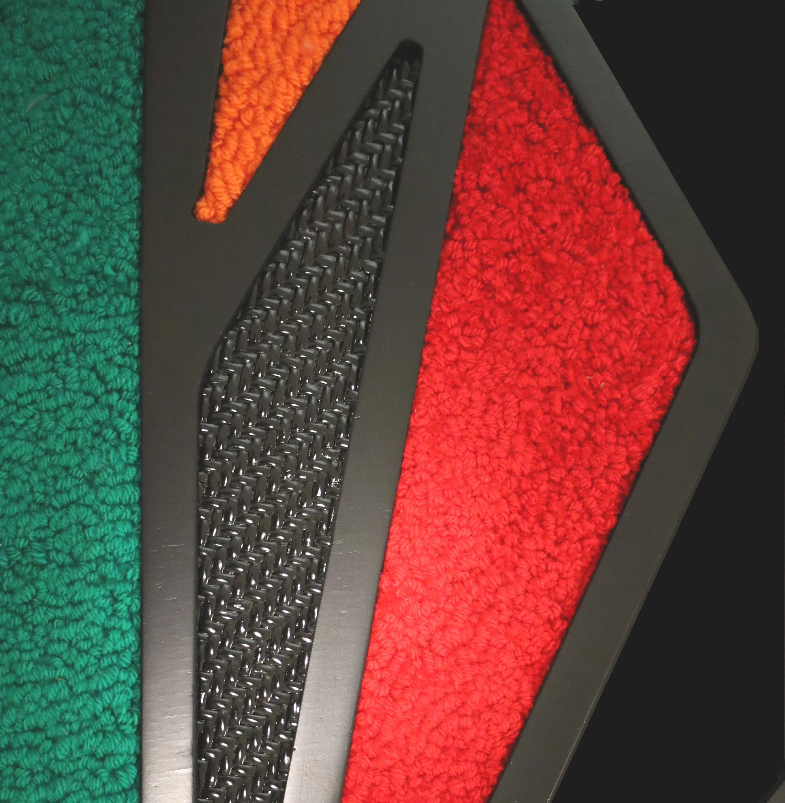 "We Are Here" 
108" x 102" x 4" 
Wood, paint, tufted yarn, basket reed, & acrylic glass (2024)