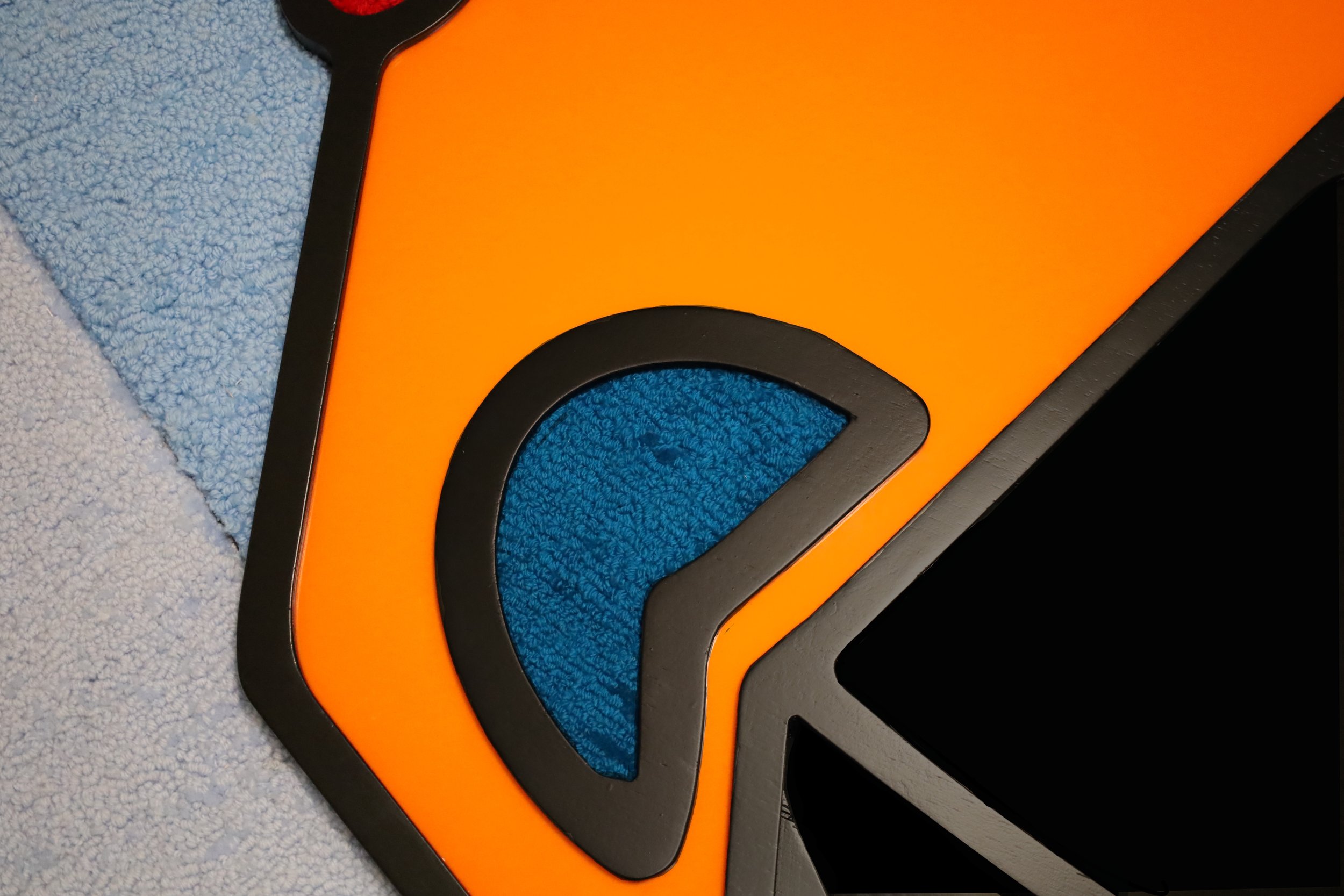 "We Are Here" 
108" x 102" x 4" 
Wood, paint, tufted yarn, basket reed, & acrylic glass (2024)