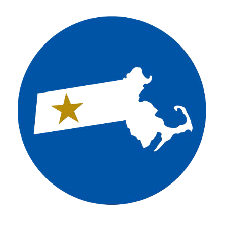 Symbol of Massachusetts with a star, resembling the state map, inside a blue circle.